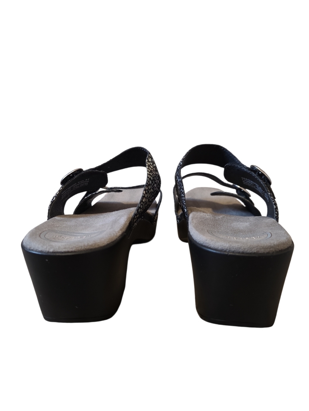 Dansko Sophie Black Shagreen Buckle Metallic Leather Wedge Sandals 41 10.5-11 - Picture 6 of 12